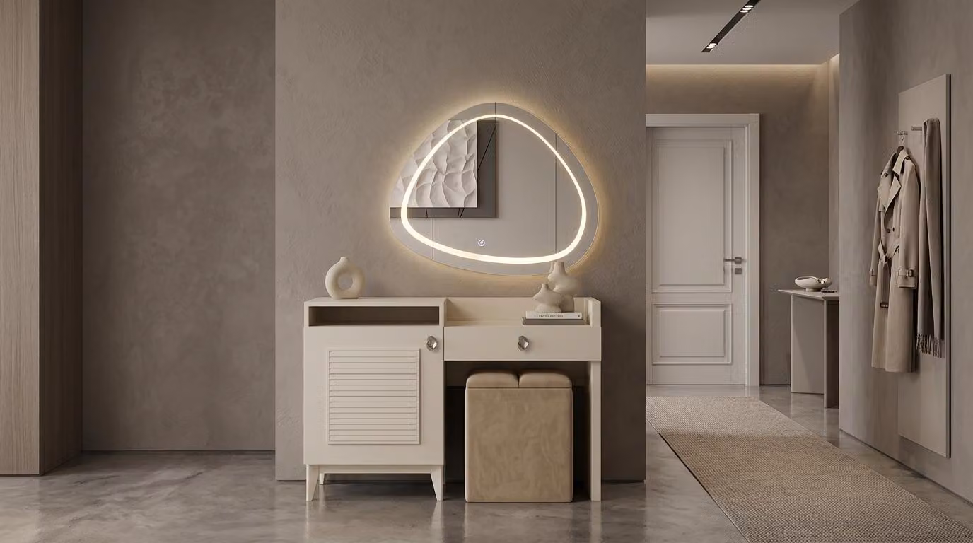 Set da trucco con comò, specchio, design moderno, confortevole ed elegante, color beige