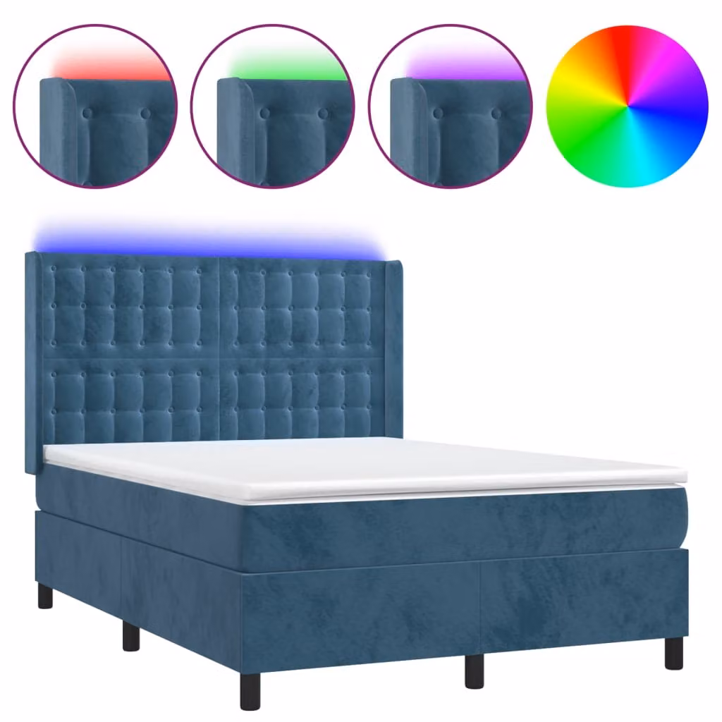 Letto a Molle con Materasso e LED Blu Scuro 140x200 cm
