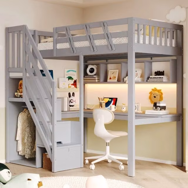 Letto a soppalco 90 × 200 cm con scrivania scale contenitore libreria LED prese integrate in legno con ripiani grigio
