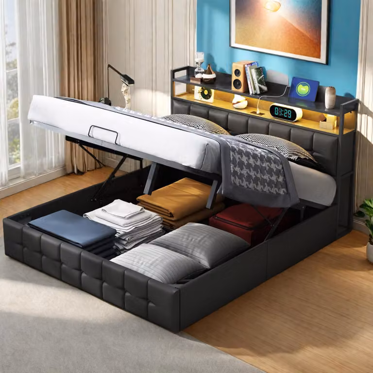 UnboxG Letto pneumatico 140×200 cm, nero, Finto cuoio, letto matrimoniale con testiera LED e porta USB, spazio di stivaggio sotto il letto, letto contenitore / letto da camera da letto