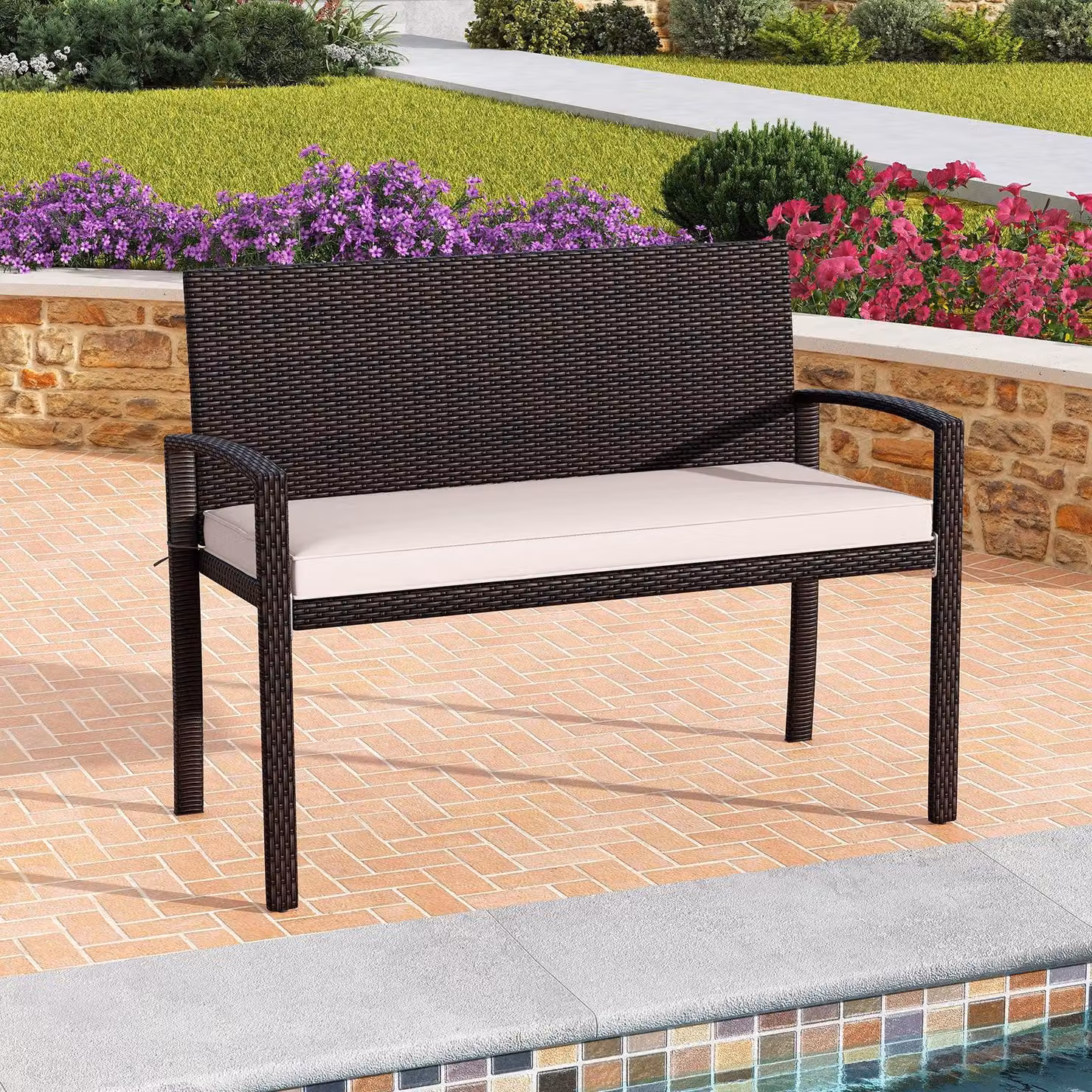 Divano a due posti per patio - Divano a due posti - Panca da esterno - Divano in rattan - Arredo da giardino - Struttura in metallo resistente