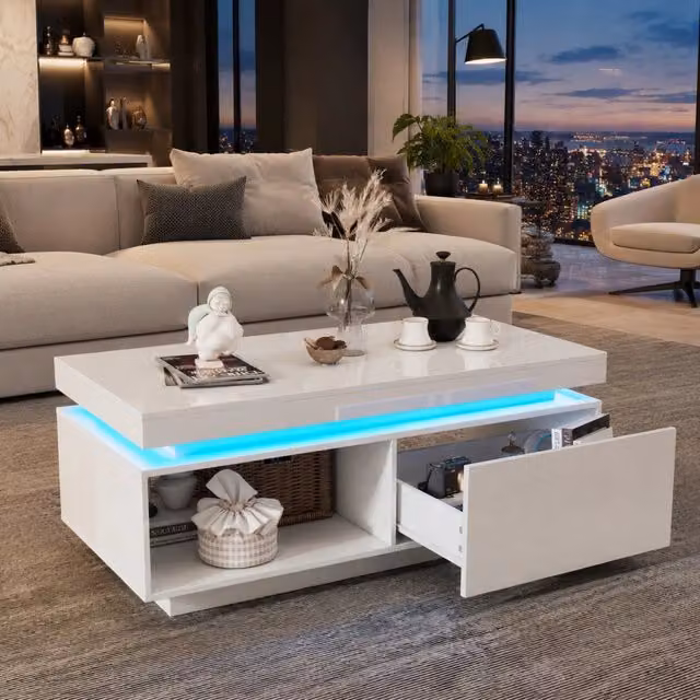 Tavolino basso fisso con LED e cassetto in truciolare bianco lucido; portata 50 kg 100 × 50 × 40.3 cm