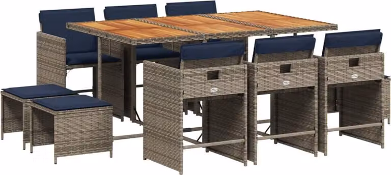 Set da pranzo da giardino da 11 pz con Cuscini in Polyrattan Grigio