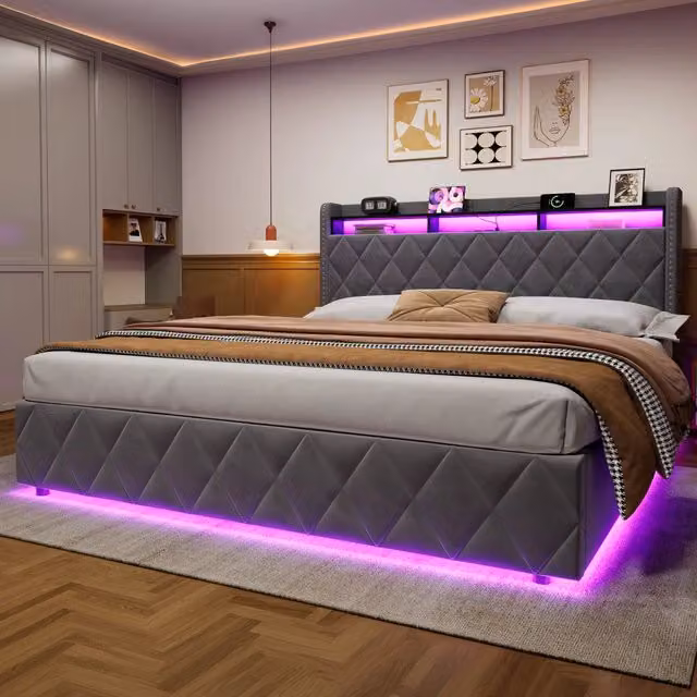 Letto Imbottito 180x200 cm con Contenitore, LED e USB, Grigio Scuro