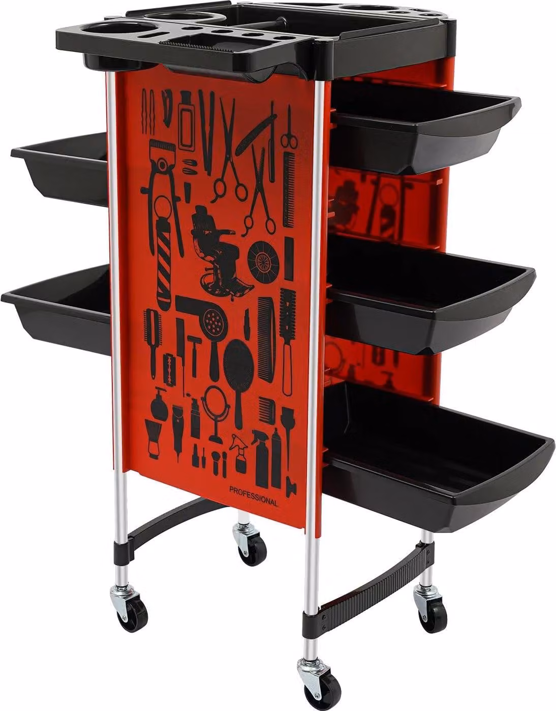 Carrello da parrucchiere - Carrello da salone - 5 cassetti - 6 ripiani - 4 ruote girevoli universali - Portata 80 kg - PP e acciaio inossidabile - Rosso