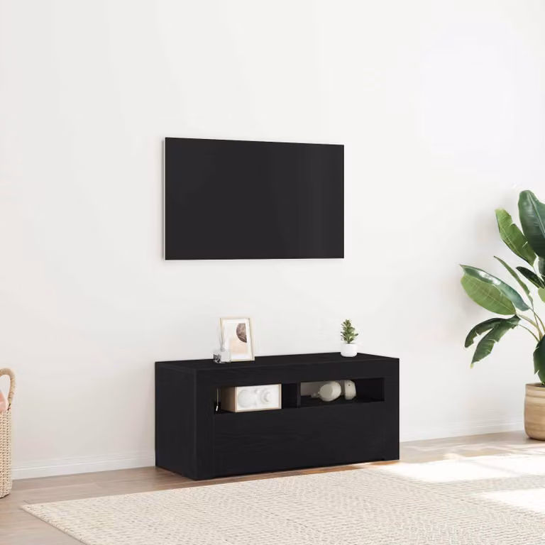 Mobile TV vidaXL moderno in legno ingegnerizzato Rovere Nero con illuminazione integrata L 90 cm, P 35 cm, H 40 cm