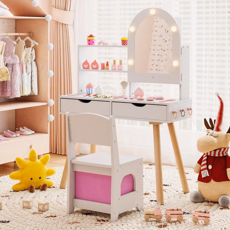 COSTWAY Set di toilette per bambini, toilette con specchio LED, 2 cassetti, 3 ganci e accessori, toilette per bambini in legno, per bambine 3+Bianco