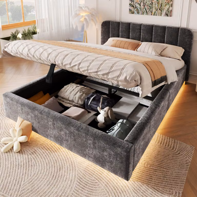 Letto imbottito 140x190 cm, color grigio, con rivestimento in lino, illuminazione LED, porte USB e Type-C, 2 cassetti e testiera contenitore, ideale per la camera da letto