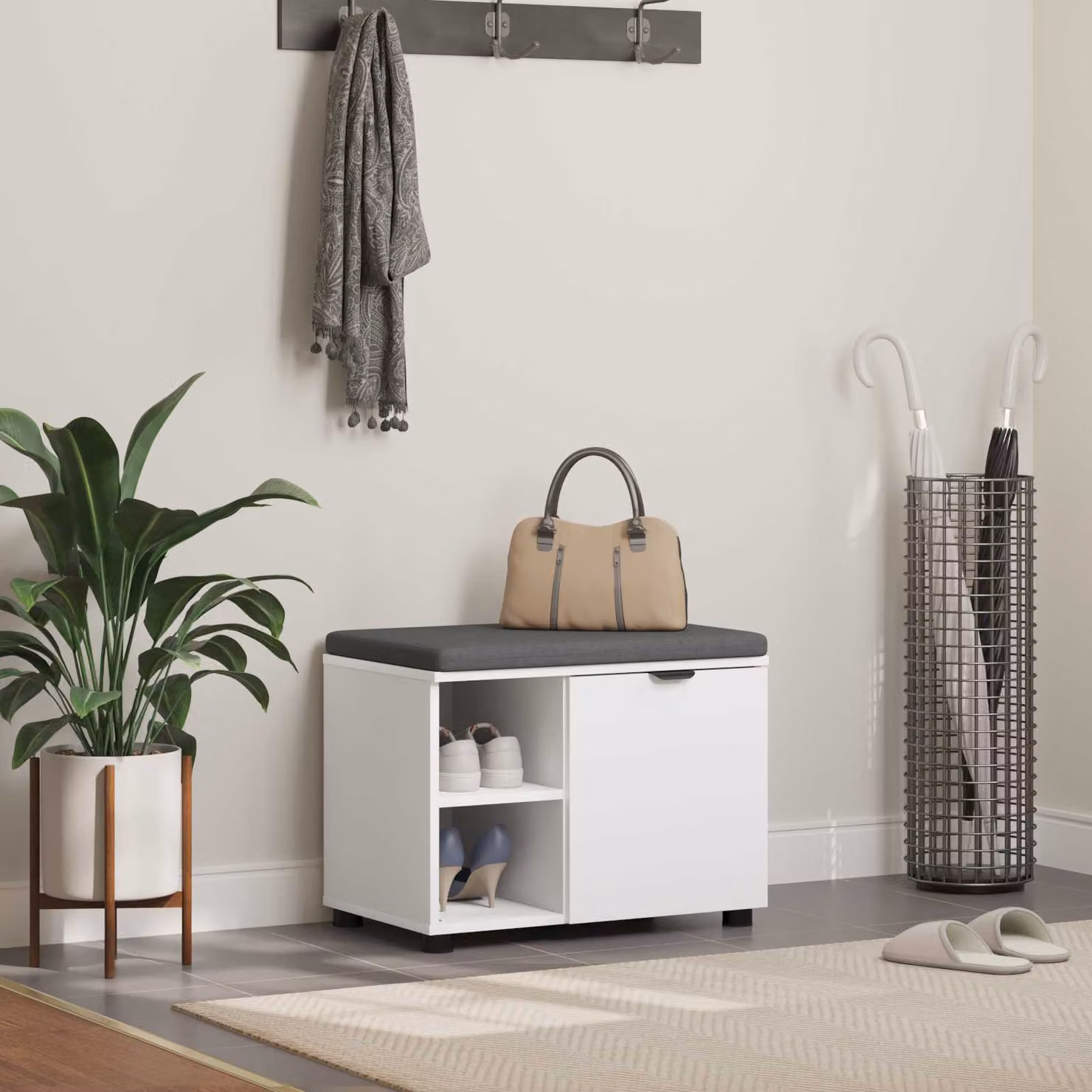 Panca per ingresso con cuscino e porta scarpe vidaXL, Bianco, L: 60 cm, P: 38 cm, H: 46 cm