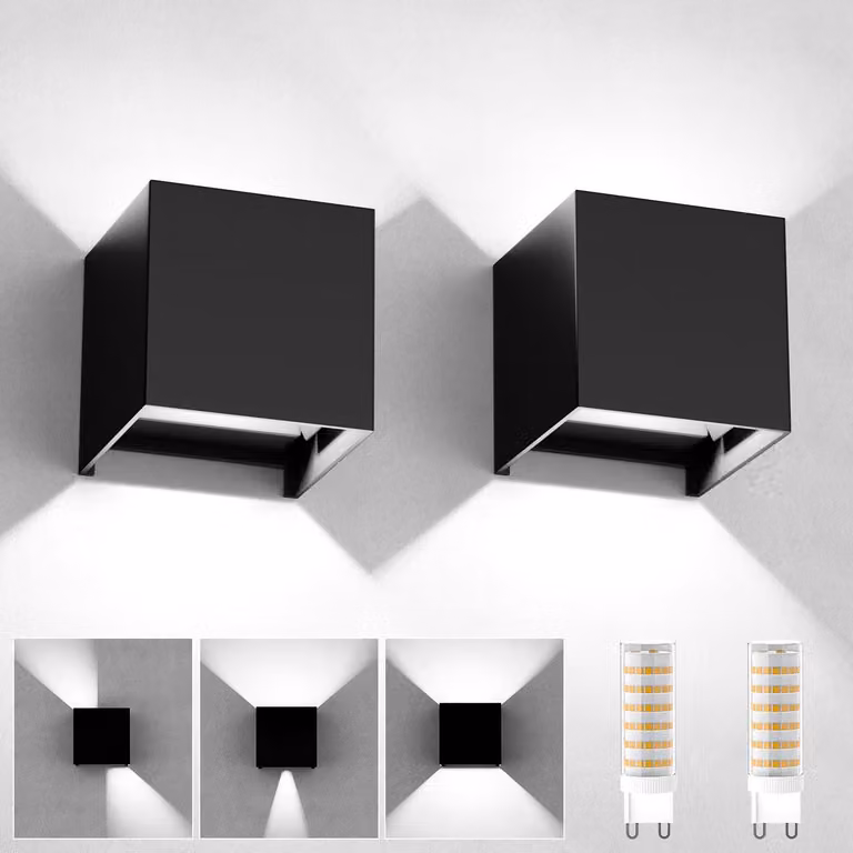 2 applique da parete, per interni/esterni, attacco G9, tecnologia LED, grado di protezione IP65, luce bianca fredda (6000K), alluminio, colore nero