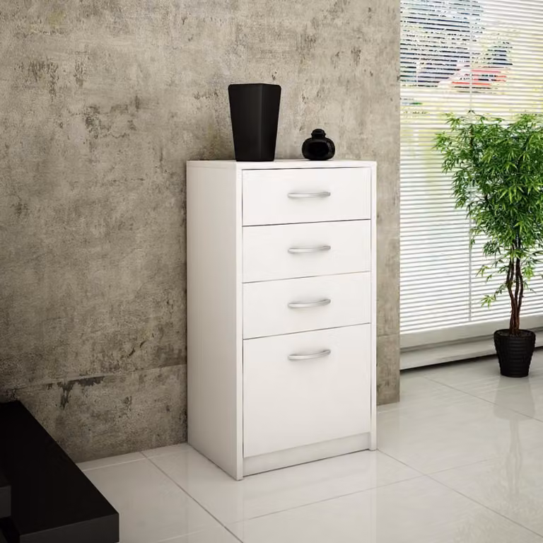 Comò con 4 cassetti con superficie opaca, comò largo 45 cm, armadio in legno, comò con cassetti, credenza, credenza alta, bianco