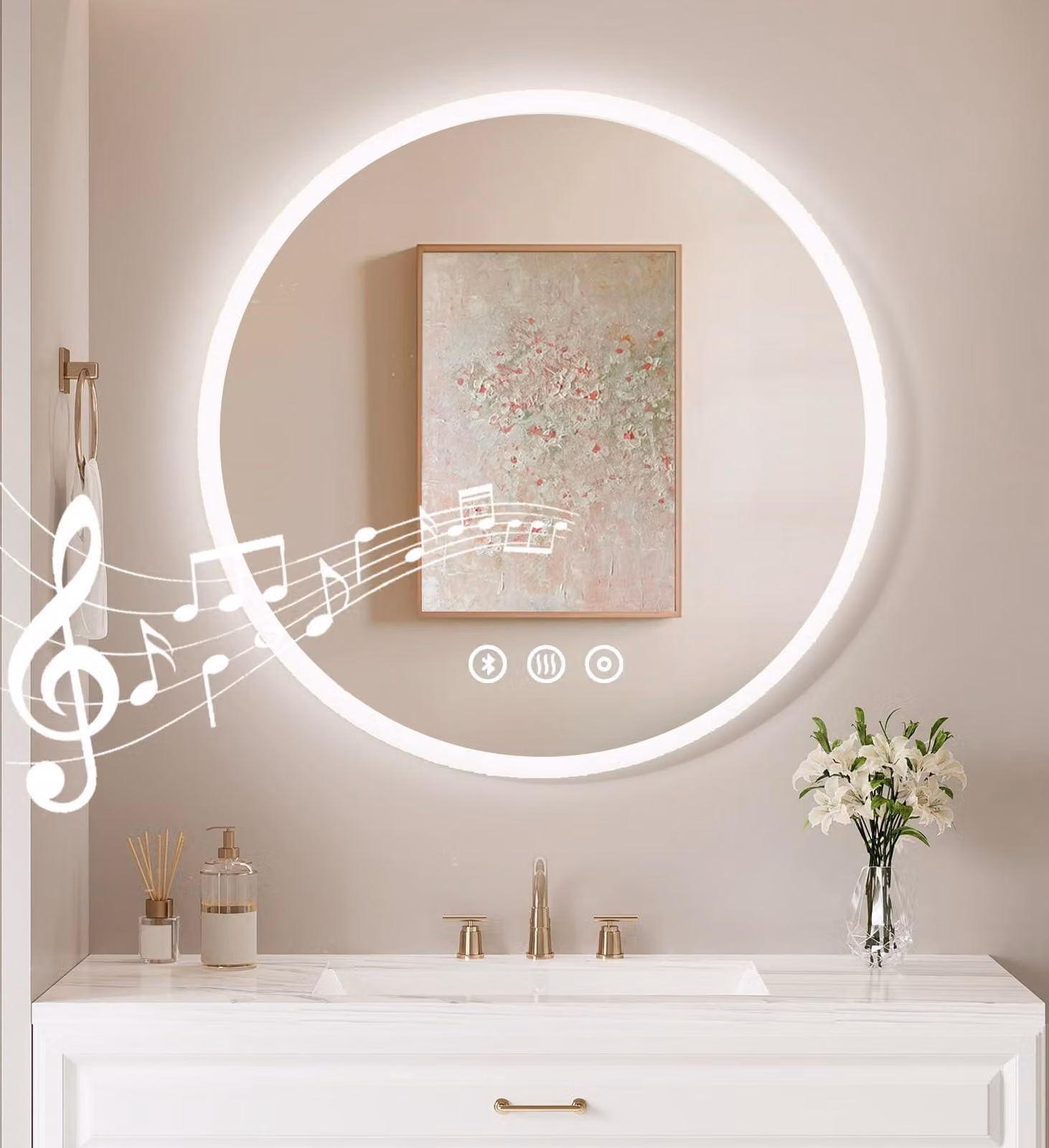 Specchio da bagno a LED, forma circolare, diametro 80 cm, con Bluetooth, funzione antiappannamento, controllo touch e dimmerabile