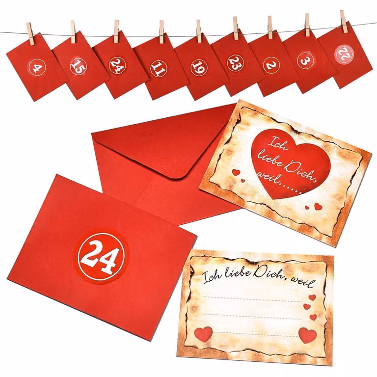 Calendario dell'Avvento con 24 bigliettini "Ti amo perché..." in un set che include buste rosse, adesivi con i numeri, spago di juta e mollette di legno