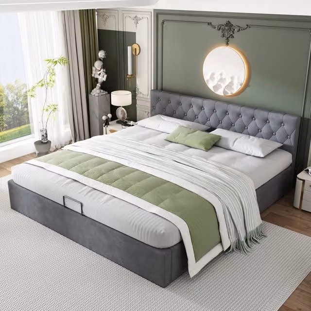 Letto matrimoniale imbottito 180x200 cm in velluto grigio con testiera capitonné e contenitore