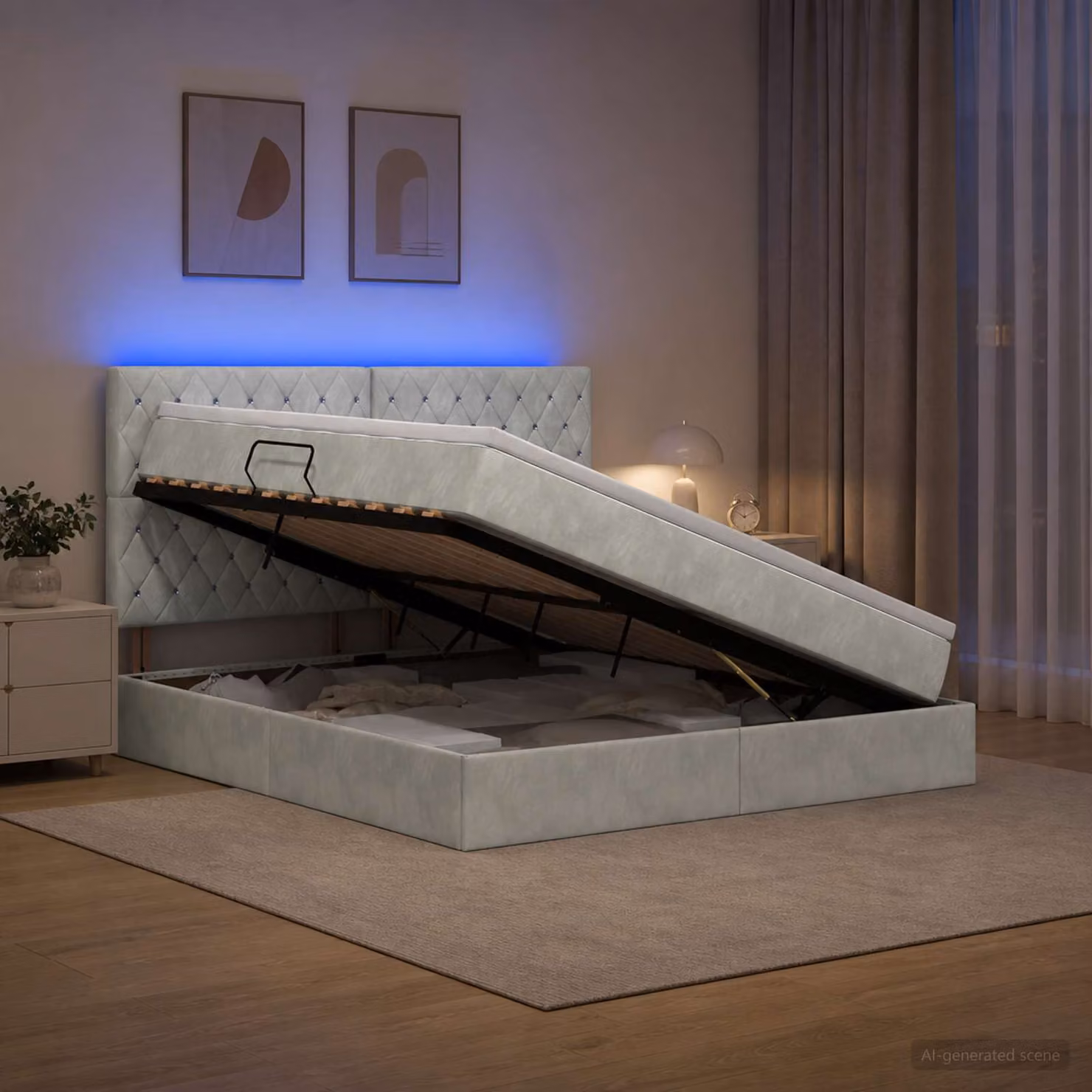 Letto con contenitore e illuminazione LED vidaXL in tessuto grigio, L/P/H: 200 x 140 x 44 cm