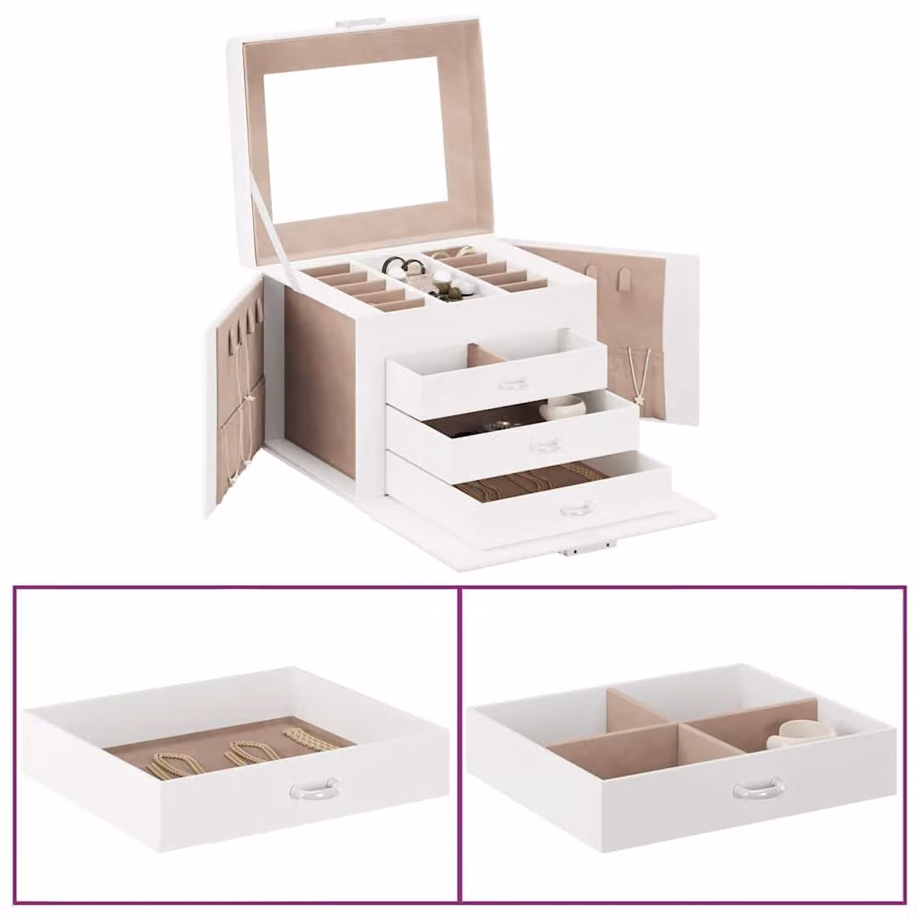 Portagioie vidaXL a 4 Strati con Specchio Bloccabile, Bianco e Beige, L/P/H: 22,5 x 17,5 x 16,5 cm