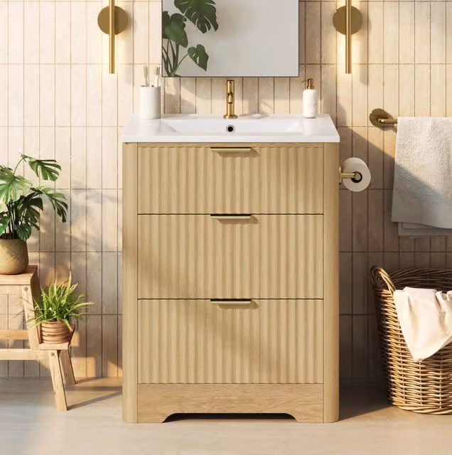 Mobile bagno 61 cm in legno con lavabo in ceramica, cassetti, portascottex montabile su entrambi i lati, maniglie dorate, senza rubinetto