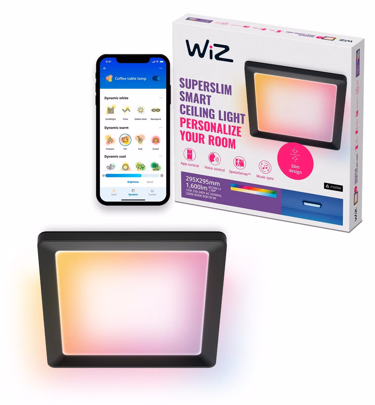 WiZ, pannello quadrato da 12 W, lampada a soffitto intelligente, Wi-Fi/Bluetooth, colore nero, Wi-Fi 4 (802.11n), 802.11b, 802.11g, LED, plastica