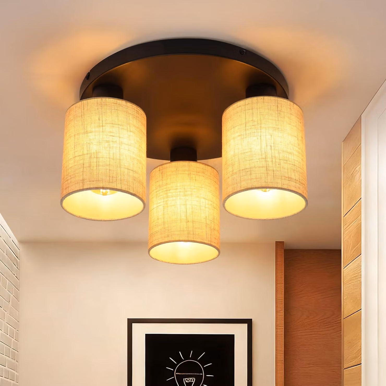 ZMH lampada da soffitto soggiorno plafoniera nera camera da letto lampada rotonda corridoio lampada vintage E27 3 fiamma tessuto paralume cucina rustica senza lampadina