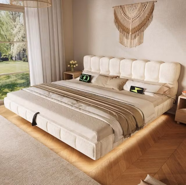 Letto matrimoniale contenitore 180x200 cm in chenille beige con LED e porte USB/Type-C