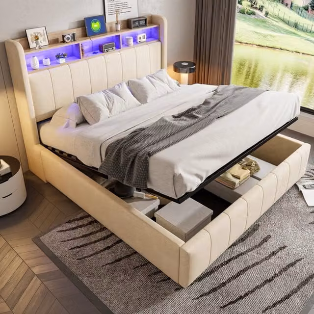 Letto Contenitore REDOM Beige in Tessuto con Illuminazione LED, Porte USB e Type-C, L/P: 160 x 200 cm