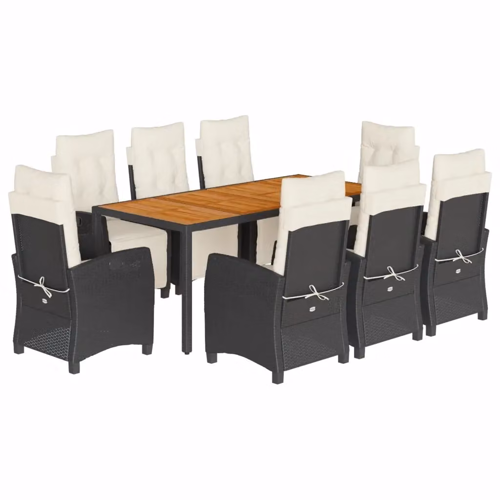 Set da pranzo da giardino vidaXL in polyrattan nero con cuscini e tavolo in legno di acacia – 2