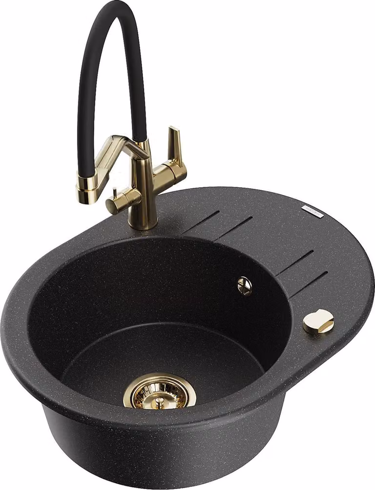Mexen Kevin lavello in granito a 1 vasca con miscelatore da cucina Duo, nero/argento metallizzato - 6517-73-671701-57-G