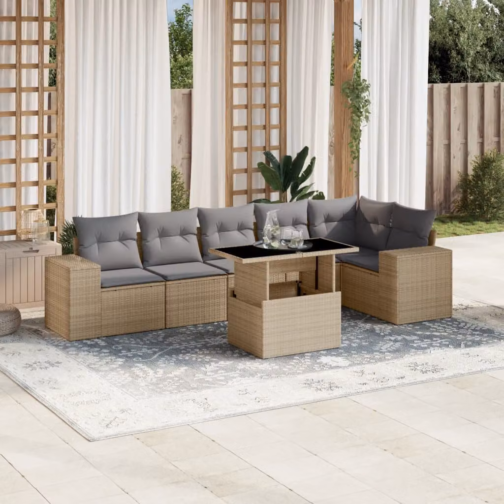 vidaXL Set di Divani da Giardino 7 pz in Polyrattan Beige con Cuscini e Tavolino – 1