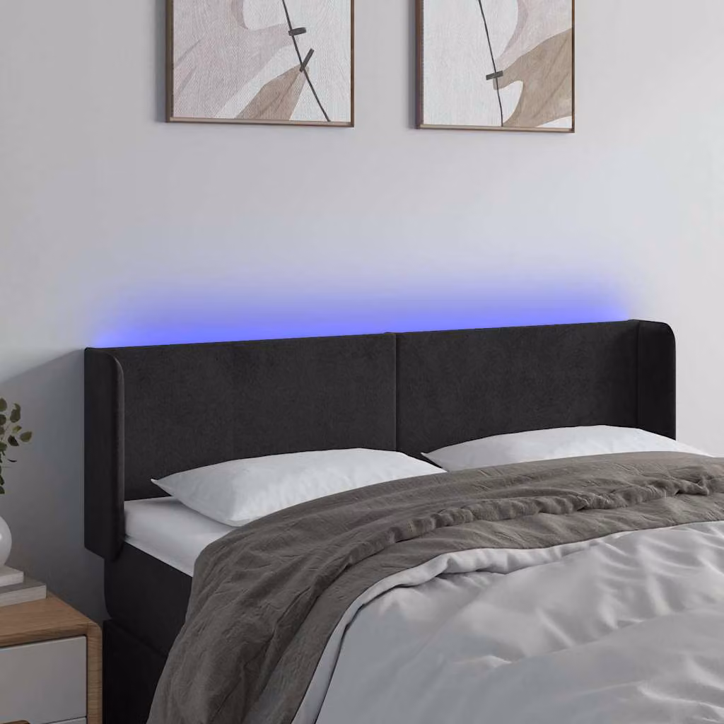 Testiera per letto vidaXL in velluto nero con illuminazione LED e porta di ricarica USB, L 147 x P 16 x H 78/88 cm