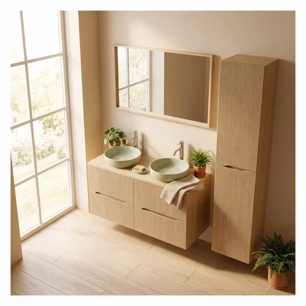 Set bagno Meublorama Natura composto da mobile sottolavabo, piano, lavabi da appoggio rotondi verdi e colonna, finitura rovere opaco, L/P/H: 155 x 60 x 46 cm – 2