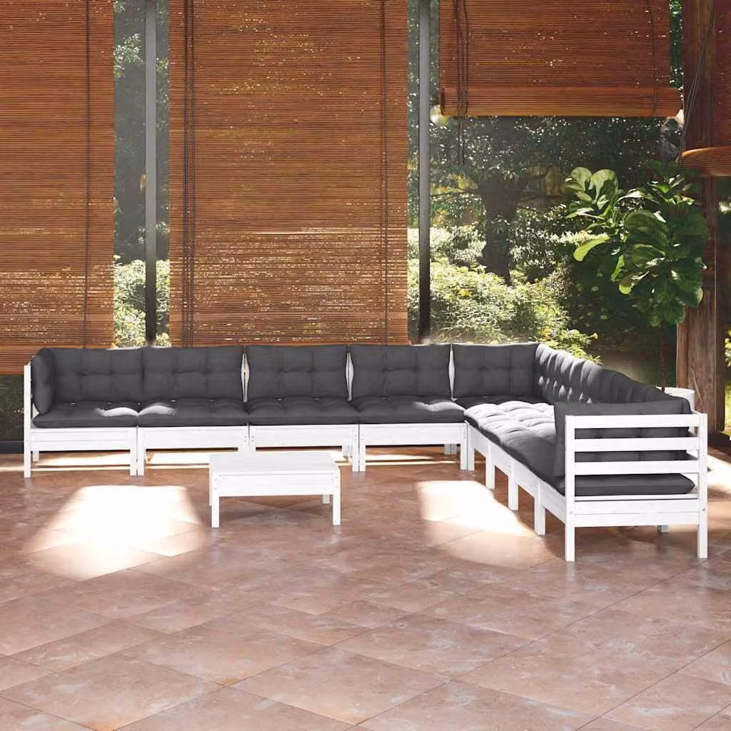 Set Divani da Giardino vidaXL 10 Pezzi in Legno di Pino con Cuscini Bianchi e Antracite a Forma di L