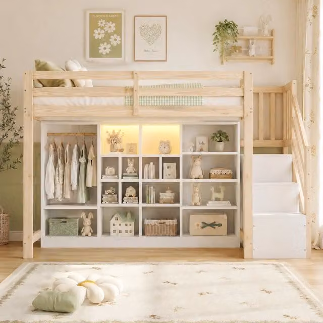 Letto a Soppalco 90x200 cm in Legno con Armadio; Scale Contenitore e Luci LED; Colore Naturale e Bianco