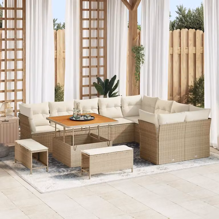 Set Divano da Giardino vidaXL 12 Pezzi con Cuscini Beige e Bianco per Terrazza e Balcone