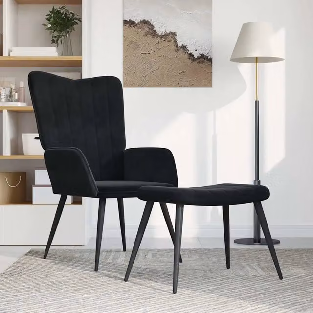 Poltrona Relax Moderna con Sgabello in Velluto Nero e Struttura in Metallo – 1