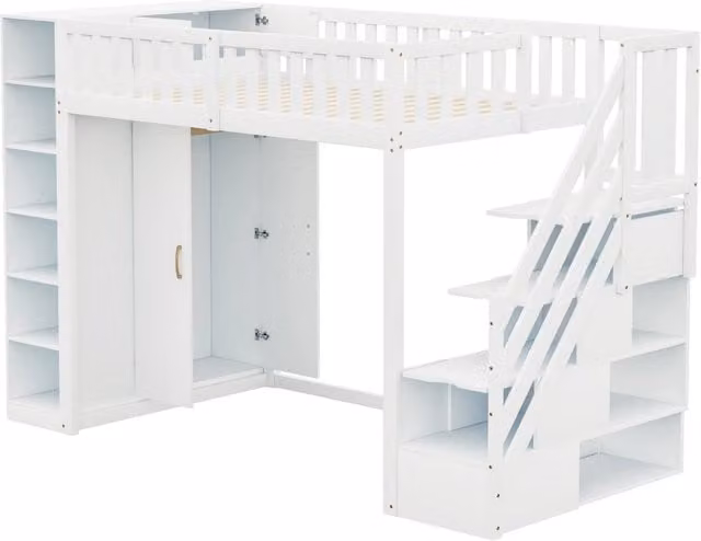 Letto a soppalco multifunzione 90x200 cm con armadio grande, scaffali e scaletta di sicurezza con cassetti, bianco