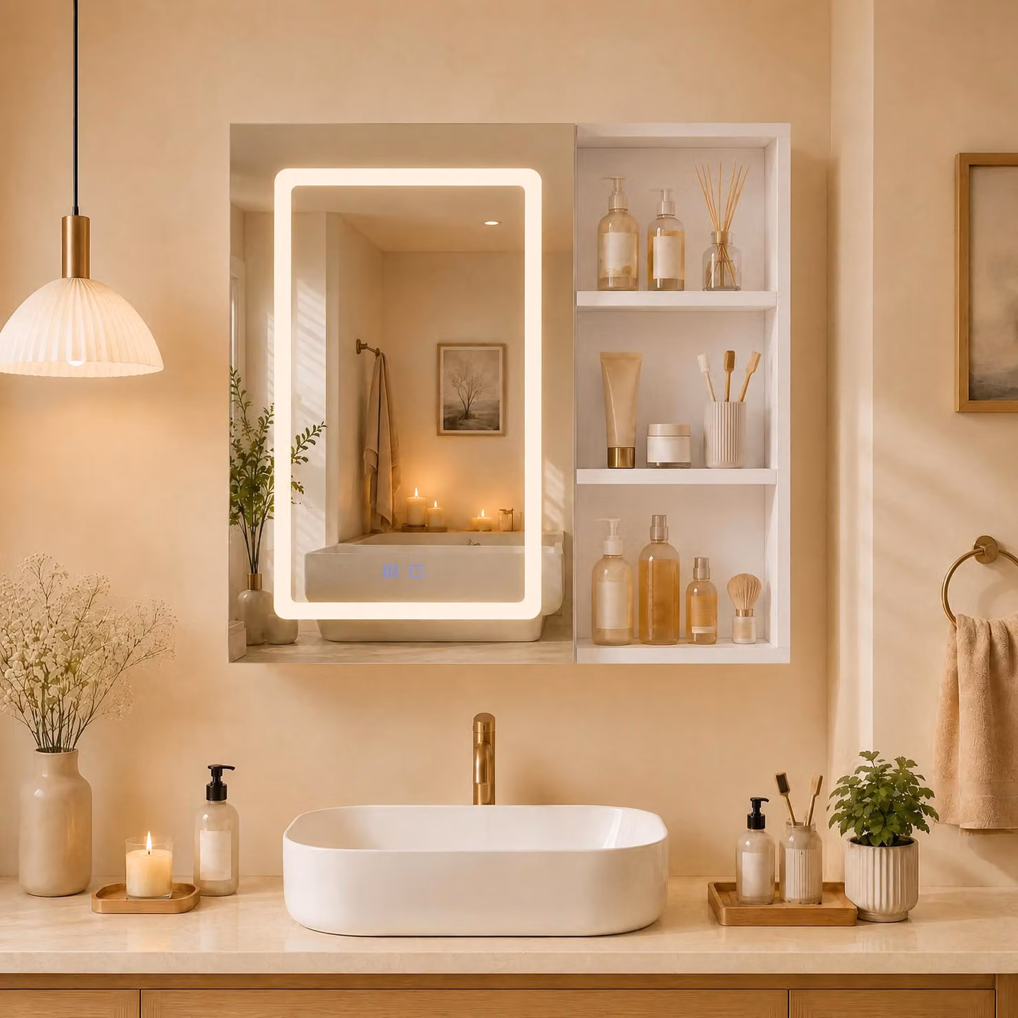 Specchio da bagno illuminato LED, 60 cm, con funzione antiappannamento e ripiano laterale, colore bianco