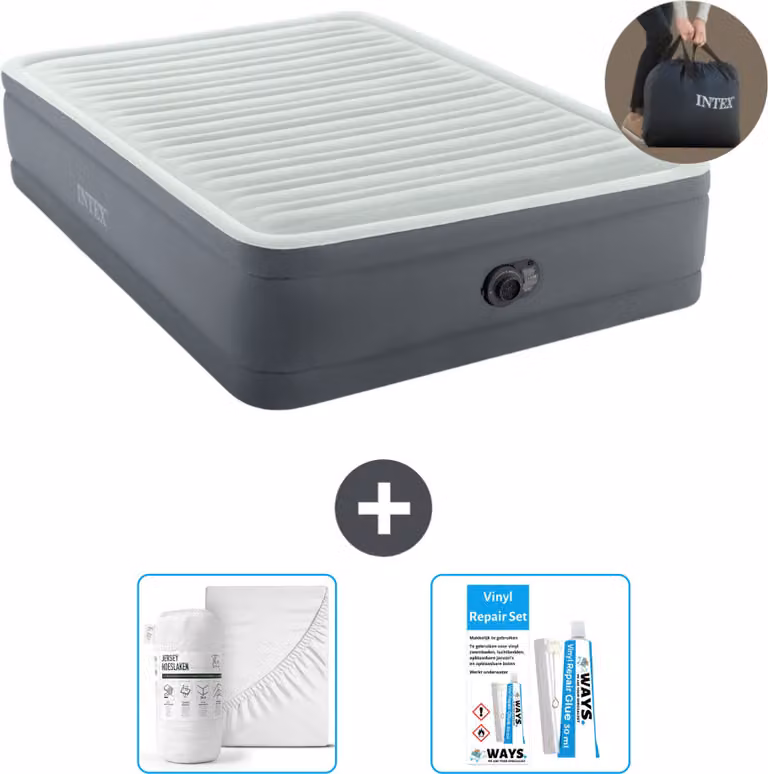 Intex Airbed - 2 persone - 152 x 203 x 46 cm - Grigio - Incluso pompa - lenzuolo e kit di riparazione