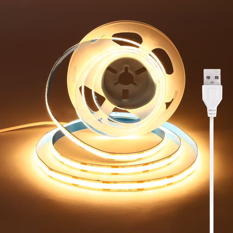 Striscia LED COB da 1,5 metri, alimentazione USB, 5V, luce calda, larghezza 8mm, temperatura di colore 3000K