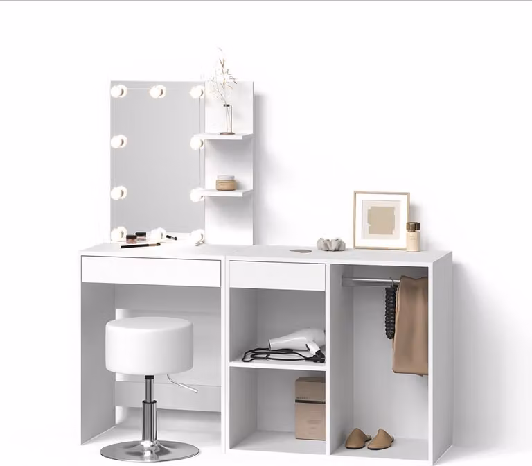 Tavolo da toeletta Livinity Nola Bianco con specchio, catena luminosa LED, sgabello e mobile aggiuntivo, Model 52349