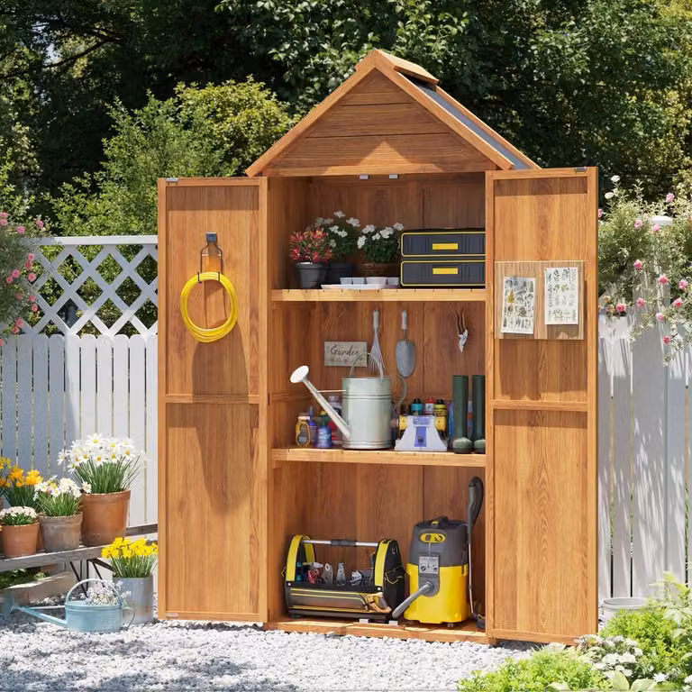 Capanno per attrezzi in legno, dimensioni 73x39x169 cm, con scaffali, tetto a falde, doppia porta e resistente alle intemperie