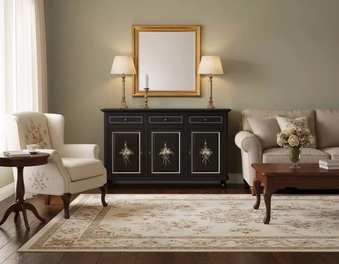 Madia credenza shabby chic con 3 ante in legno decorata con motivi floreali nero e dettagli oro Mobili 2G L: 158 cm, P: 45 cm, H: 98 cm – 2