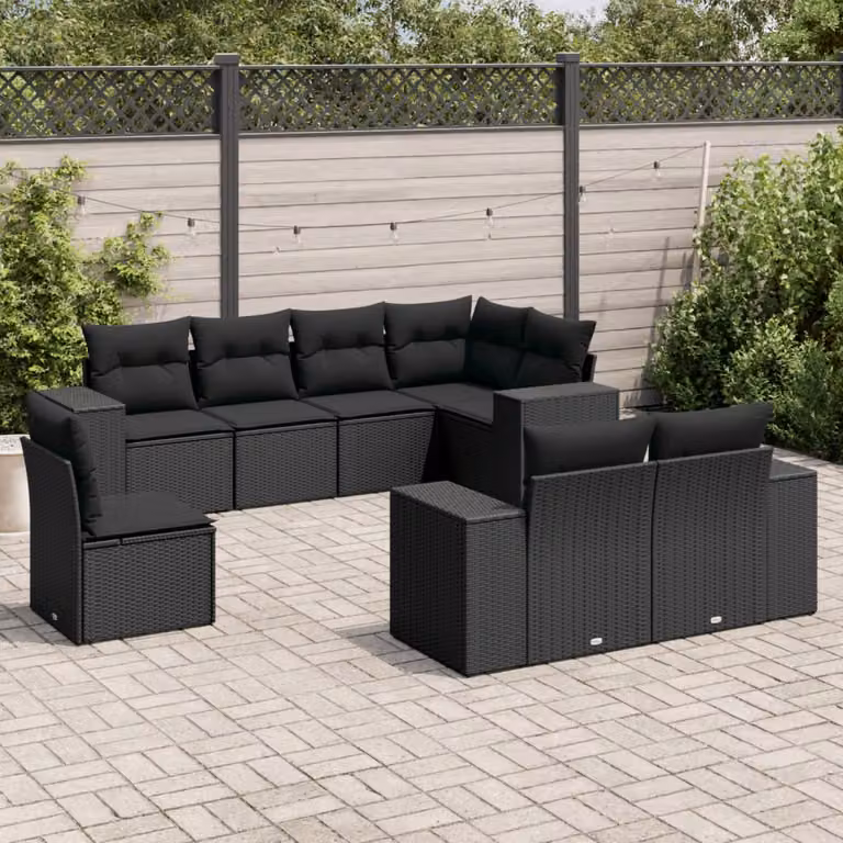 vidaXL Set Divani da Giardino a L con Cuscini 8 pz Nero in Polyrattan