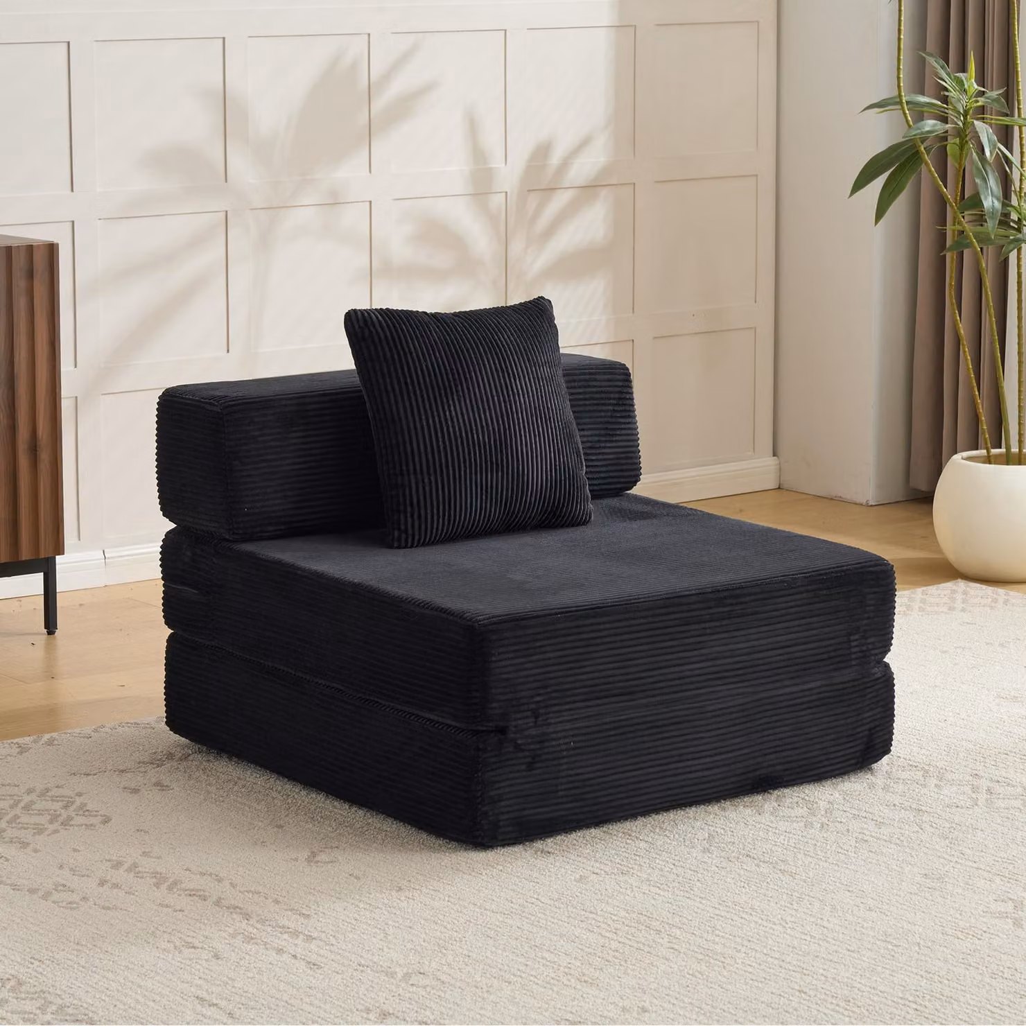 Divano a pavimento, divano componibile, trasformabile, divano letto singolo, cuscini, braccioli, tessuto corda, ideale per soggiorno/camera da letto. L3