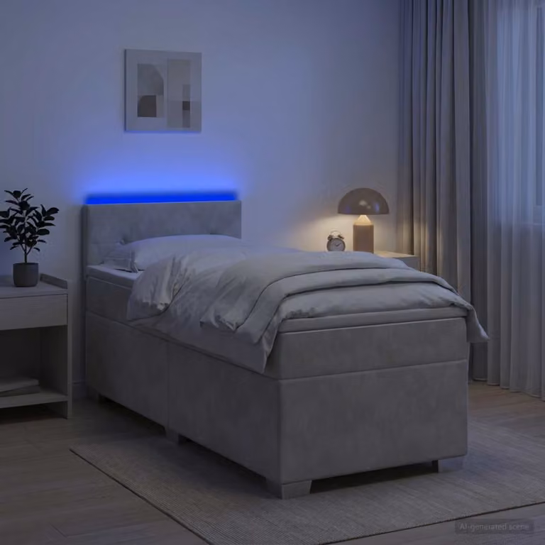 vidaXL Letto Box Spring con Materasso e Illuminazione LED Grigio Chiaro L: 200 cm, P: 90 cm, H: 140 cm
