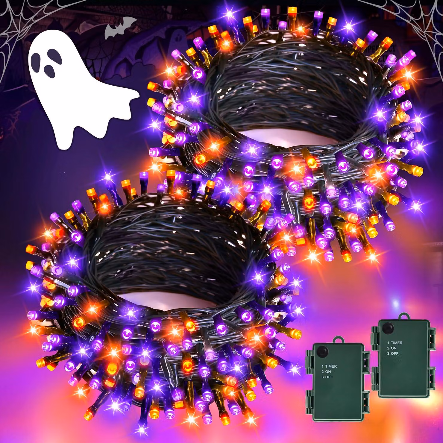 Catena luminosa, confezione da 2, lunghezza 5 metri, 50 LED, colore arancione-lilla, con timer, impermeabile