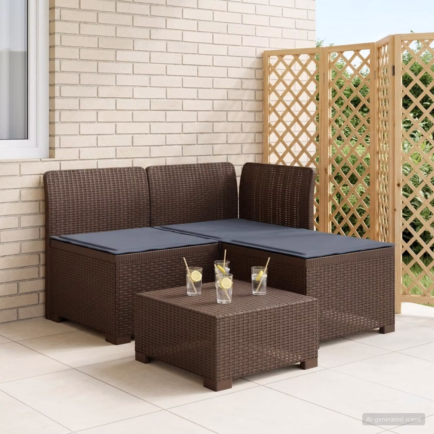 Divano da giardino a L vidaXL con cuscini, design moderno in look rattan, resistente alle intemperie, disponibile in marrone e grigio