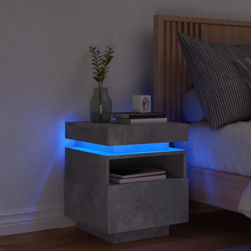 vidaXL Comodino Moderno con Luci LED Grigio Cemento L: 40 cm, P: 39 cm, H: 48,5 cm