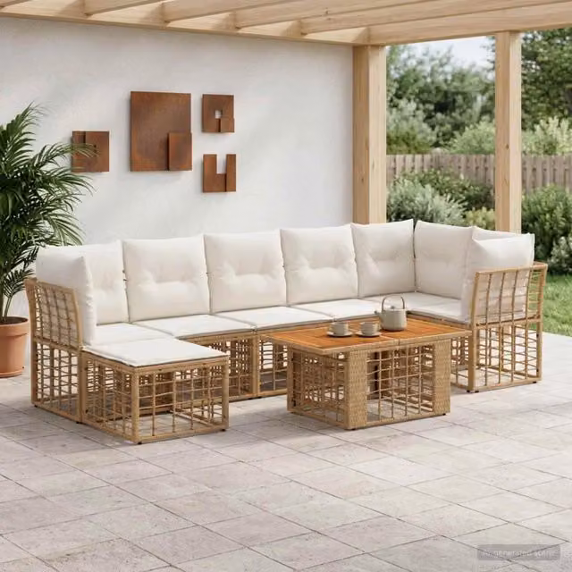 Set Divano da Giardino 8 pz Naturale e Bianco Crema polyrattan 3437890