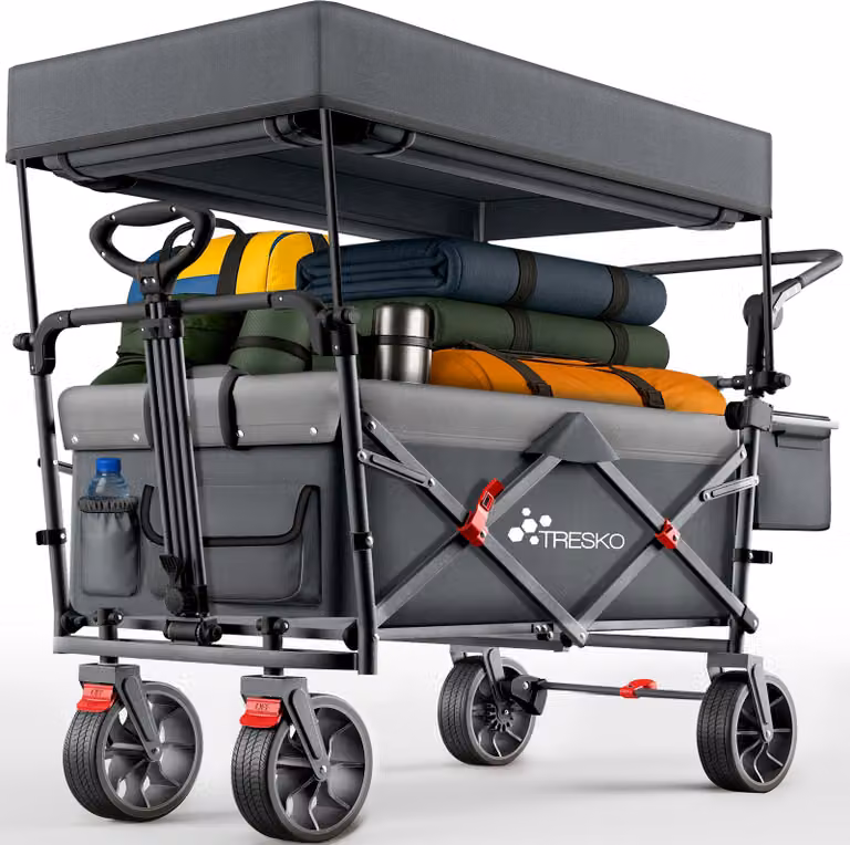 TRESKO® Carrello pieghevole con tetto antracite, vano refrigerante e tende laterali a rullo | Carrello con carico massimo fino a 150 kg | Carrello di trasporto con pneumatici in gomma piena e freni di stazionamento (anteriore e posteriore) e cintura a 3 p