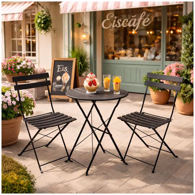 Set da bistrot pieghevole in metallo nero con tavolo e 2 sedie per balcone